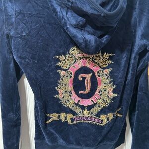 Juicy Couture Navy Blue Hoodie with Gold and Pink Embroidery